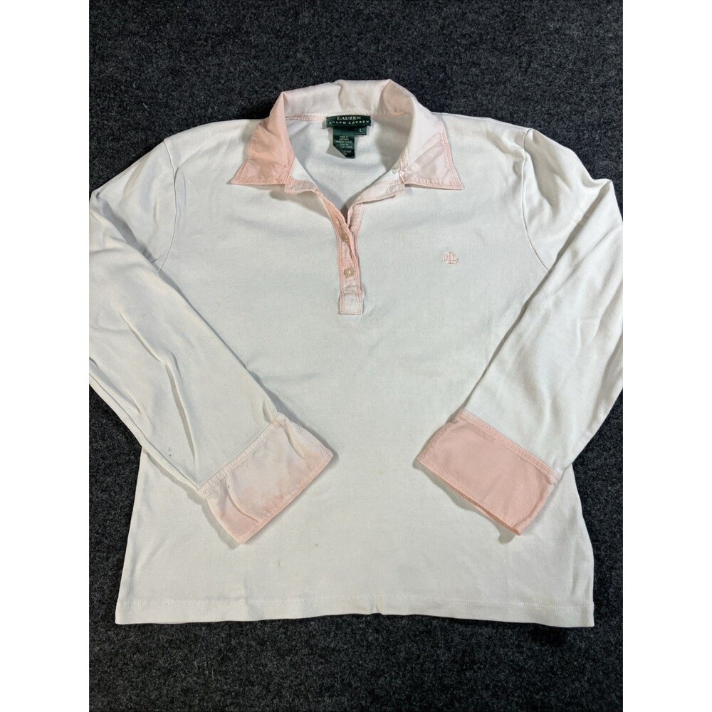 Vintage Lauren Ralph Lauren Long Sleeve Rugby Polo Shirt White Pink Women's L